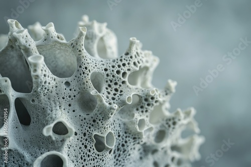 Close-up of a porous, grey, organic structure resembling coral or bone.
