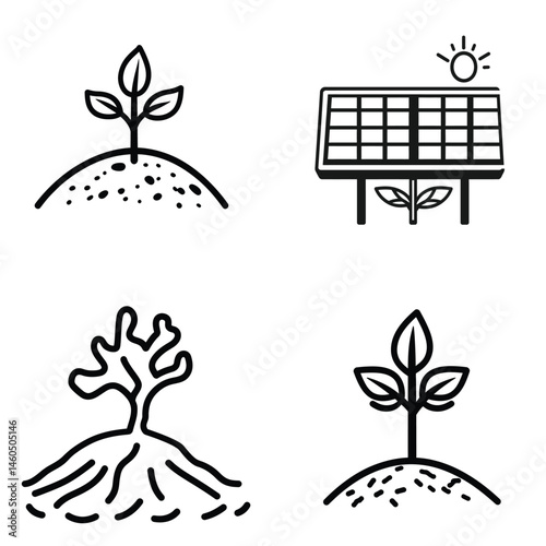 Hand Drawn Seedling and Solar Panel Icons, Black Outline Renewable Energy Concepts