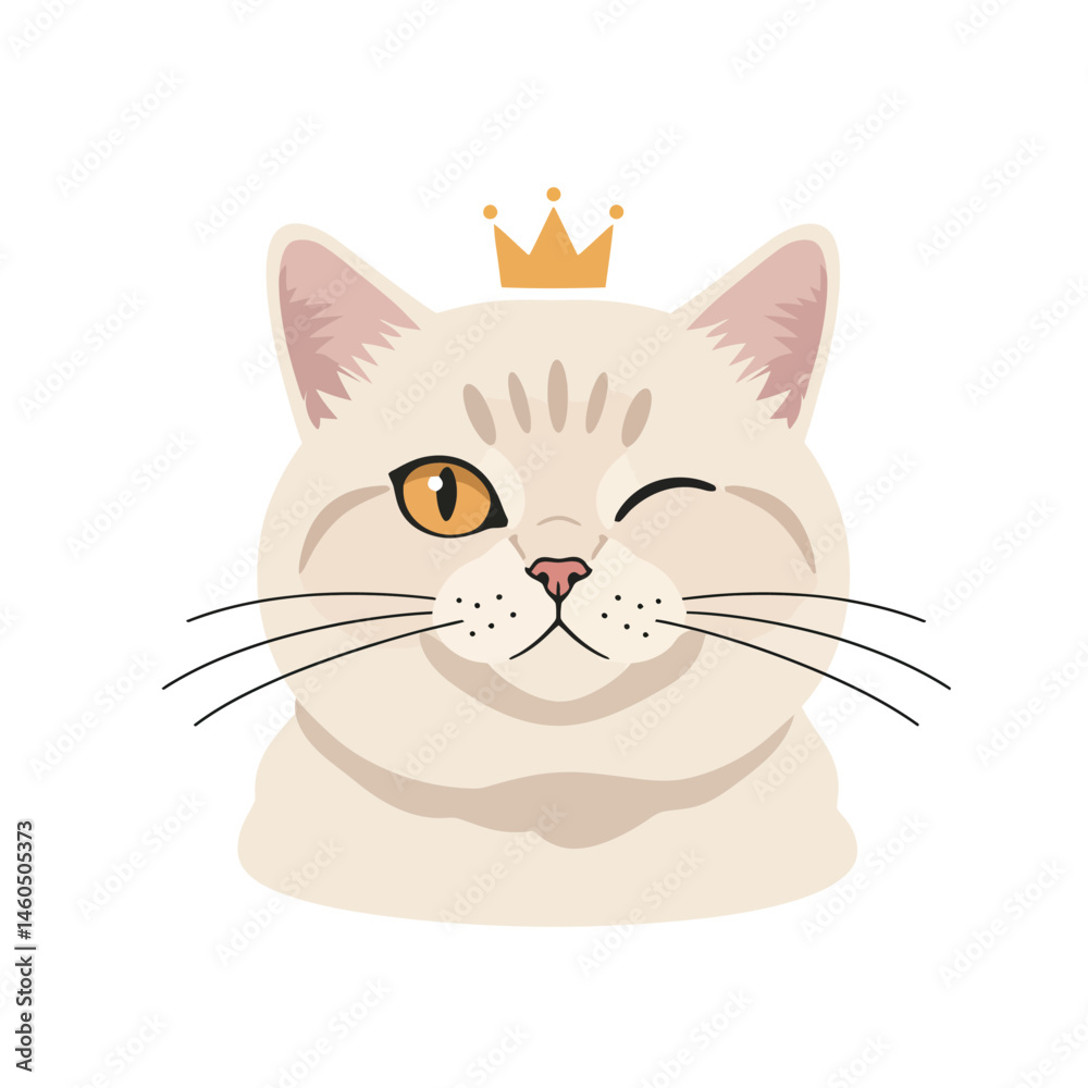 Obraz premium Cat head with golden crown winking playful expression vector illustration design for pet or royalty theme 