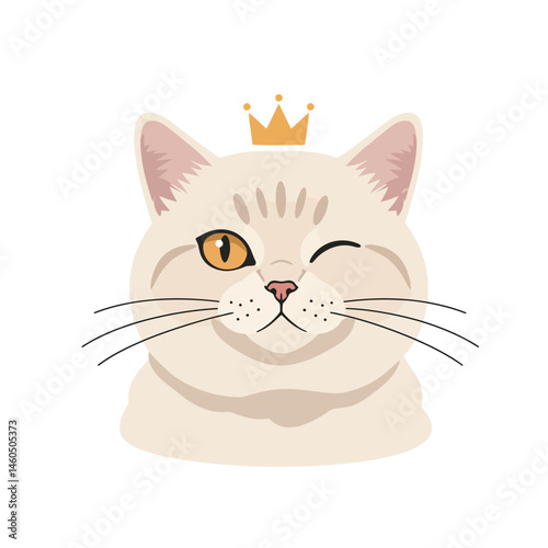 Cat head with golden crown winking playful expression vector illustration design for pet or royalty theme 