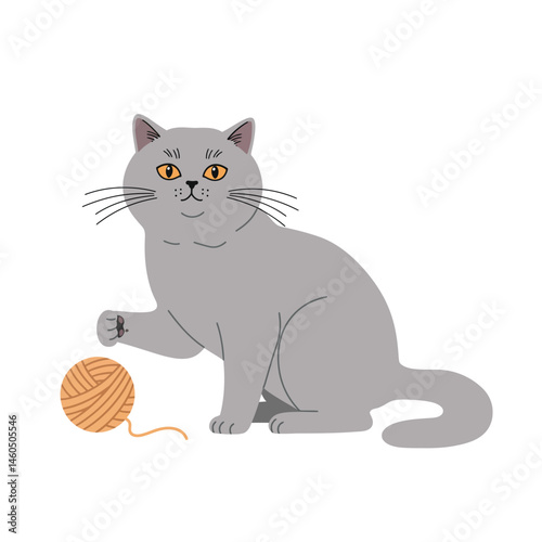 Gray Cat Playing with Orange Yarn Ball Sitting on Floor Vector Illustration 