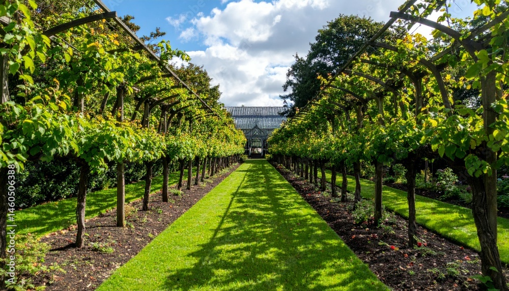 Obraz premium Serene Vineyard Pathway Surrounded by Lush Green Vines Under Sky
