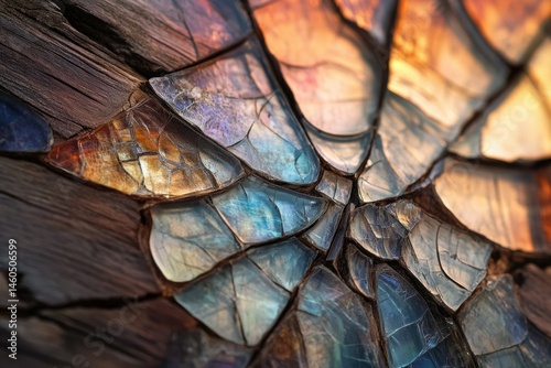 Intricate mosaic of iridescent, fractured gemstones, resembling a cracked earth or celestial landscape.