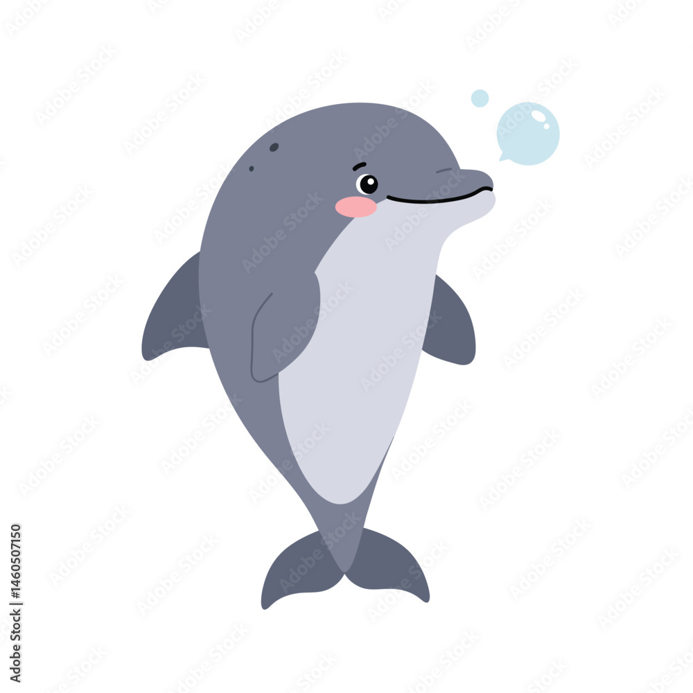 Obraz premium Cute cartoon dolphin blowing bubbles in playful underwater scene vector illustration 