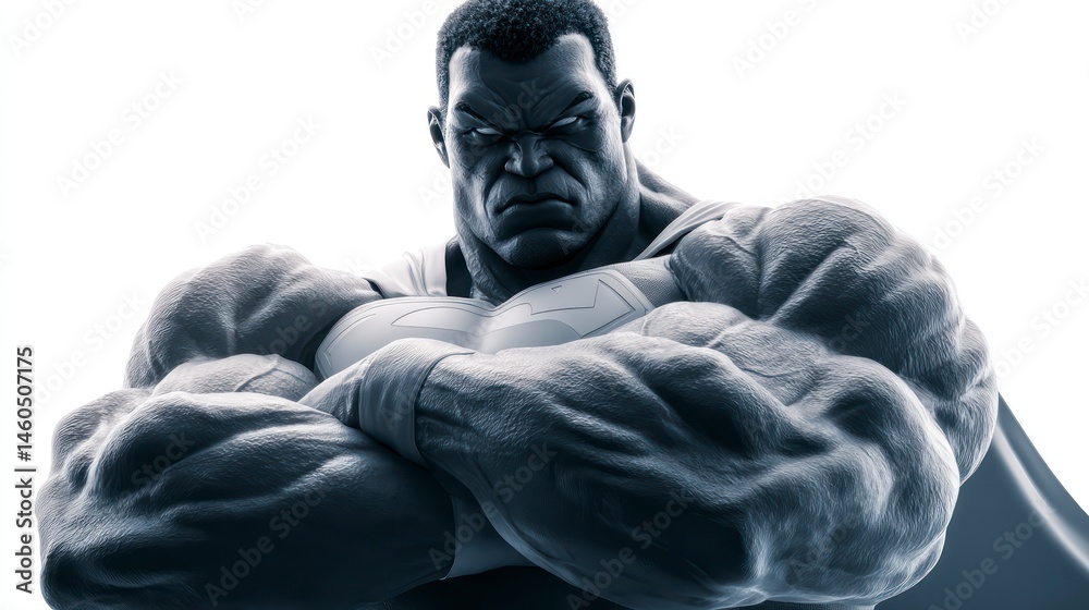 Fototapeta premium Powerful Superhero in Monochrome Muscular Arms Crossed Expressive Face and Iconic Symbol