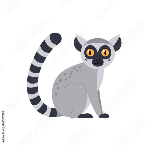 Ring-tailed lemur sitting with bright yellow eyes and striped tail vector illustration