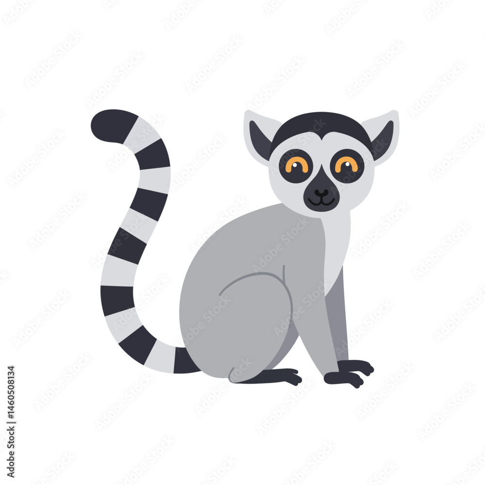Obraz premium Ring tailed lemur sitting with striped tail and bright eyes cute animal illustration vector 