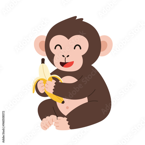 Cute happy monkey eating peeled banana sitting isolated vector illustration 