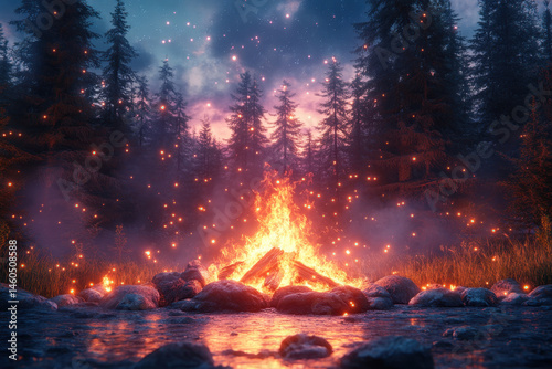 Fire blazing in forest.