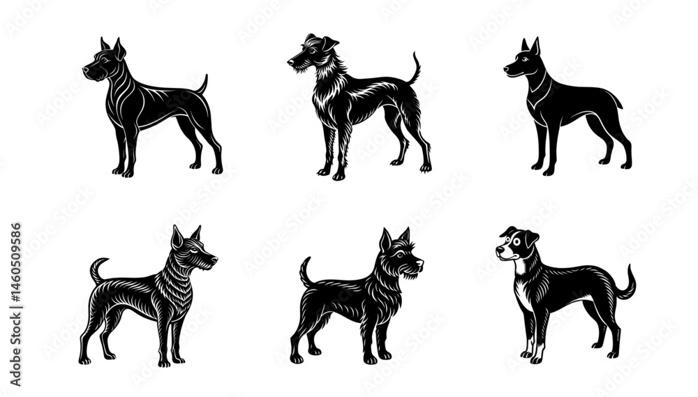 Fototapeta premium Title: Set of 6 dog silhouette of vector on white background in bundle