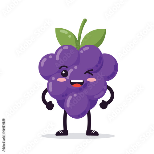Cute happy winking purple grape character with leaves and arms vector illustration for kids and food designs