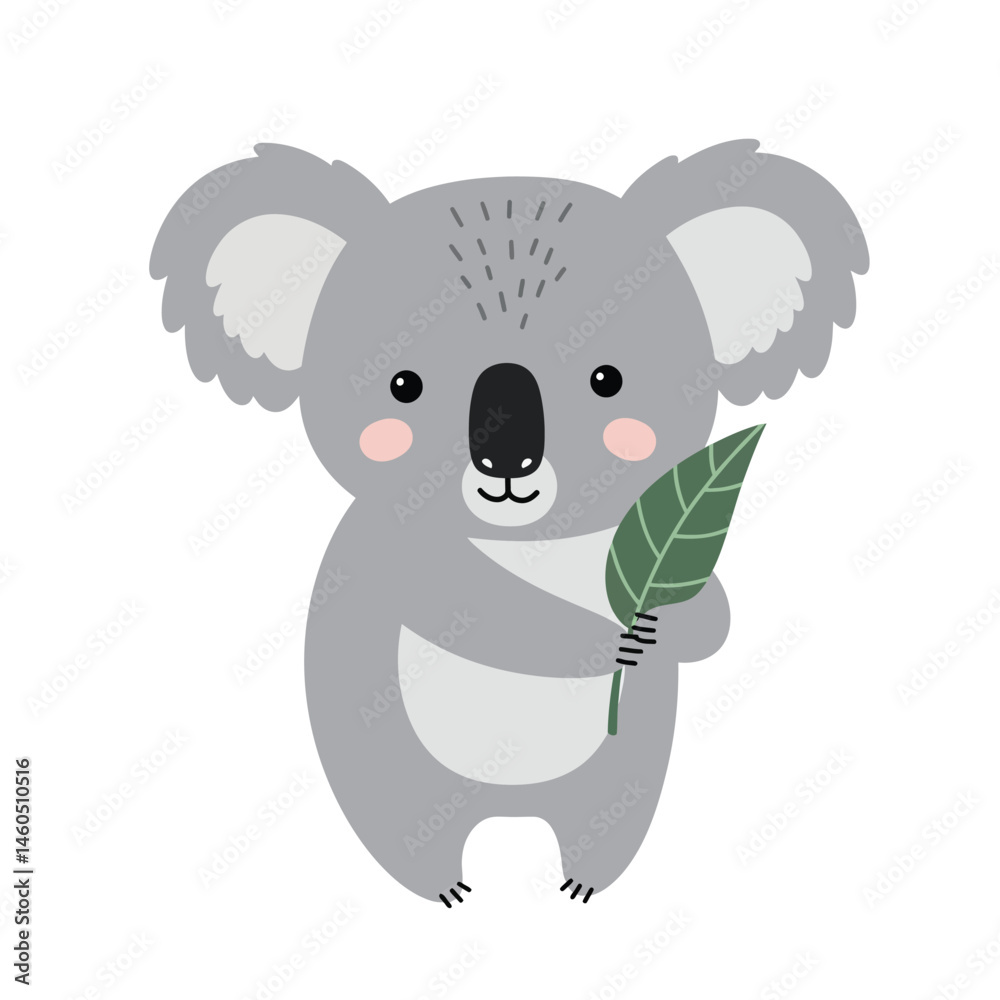 Obraz premium Cute koala holding green leaf vector illustration with soft grey and pink colors in simple style 