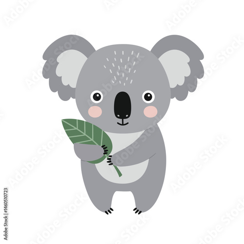 Cute koala holding eucalyptus leaf vector illustration with soft grey tones and simple design for children’s decor and education 