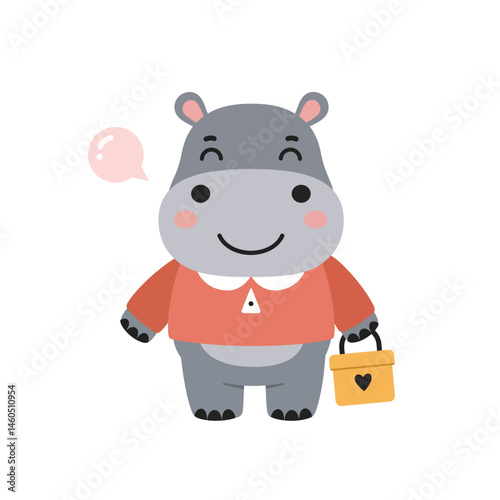 Cute hippopotamus character smiling with orange shirt and yellow bag illustration for kids and leisure activities vector 