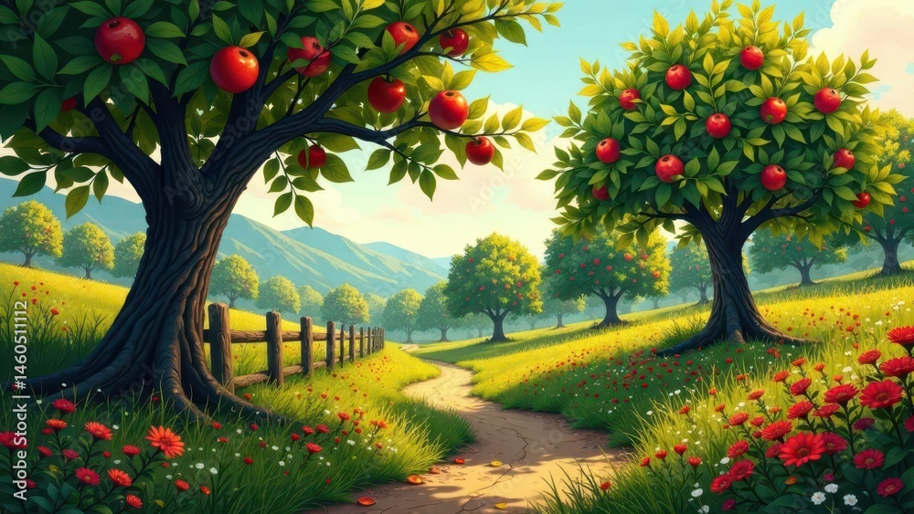Naklejka premium A Serene Orchard Path Winding Through a Sunlit Meadow, Framed by Lush Apple Trees Heavy with Fruit, Leading Towards Distant Rolling Hills