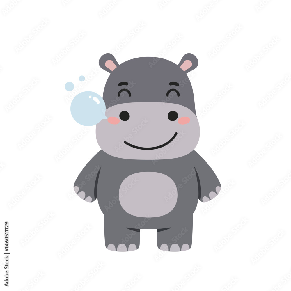 Cute happy cartoon hippopotamus blowing soap bubbles vector illustration with grey and pink colors Cute happy cartoon hippopotamus blowing soap bubbles vector illustration with grey and pink colors