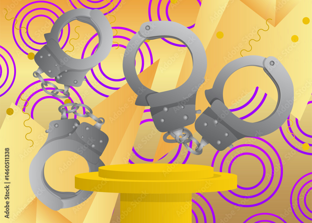 Fototapeta premium Mockup product display with Handcuffs. Vector cylinder pedestal podium. Stage showcase for presentation. Minimal geometric forms.