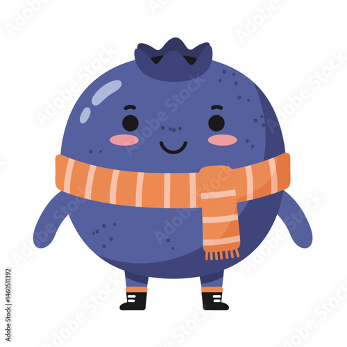 Cute blueberry character with orange scarf and black shoes smiling in cartoon style vector illustration 
