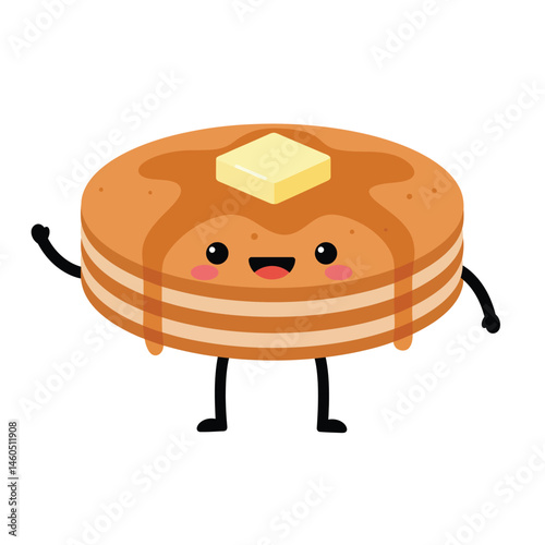 Pancake with smiling face and butter cube kawaii breakfast food vector illustration 
