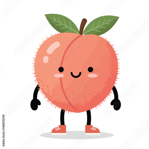 Cute cartoon peach character with green leaves and smiling face vector illustration with shoes and arms 