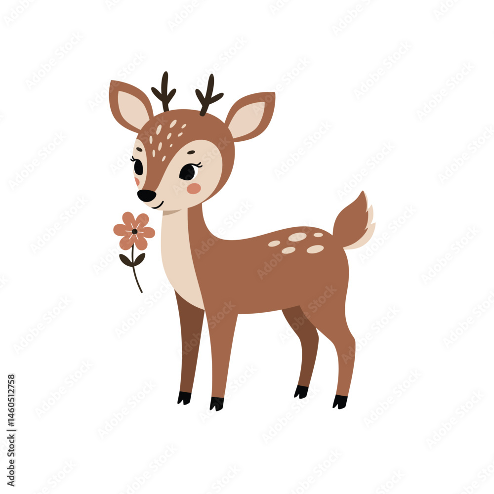 Fototapeta premium Cute young deer holding flower in mouth standing on white background vector illustration 