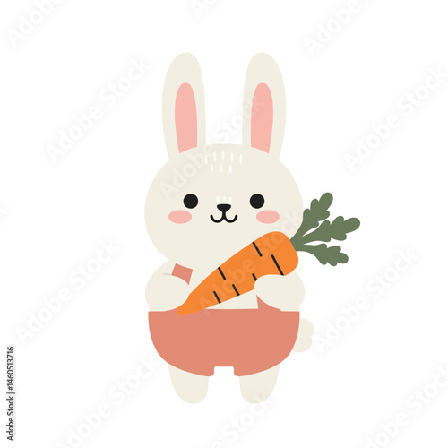 Cute bunny holding orange carrot with green leaves in pink shorts vector illustration design 