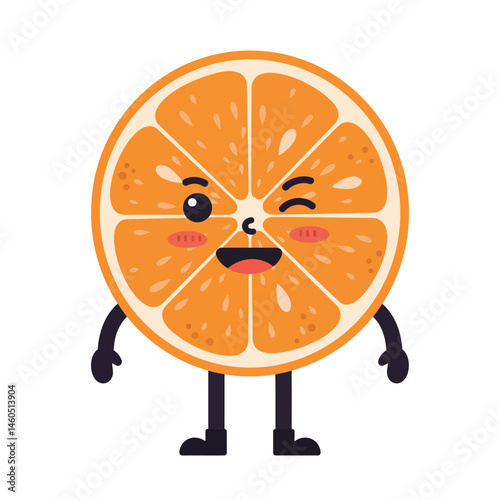 Orange fruit character winking smiling happy citrus slice with arms and legs vector illustration 
