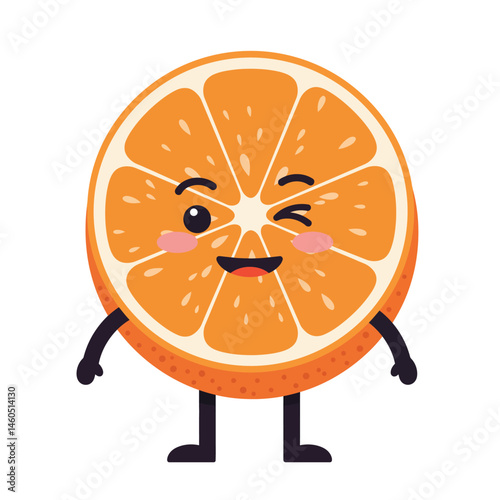 Orange fruit slice with winking face and playful expression vector illustration in cute style 