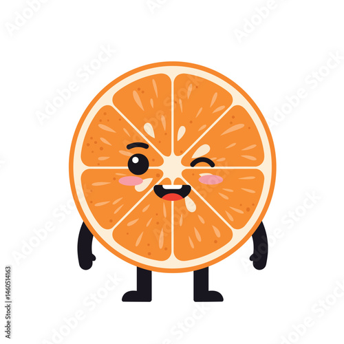 Orange fruit cartoon character winking smiling happy expression vector illustration with black limbs and cute face 