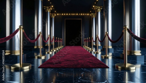 A luxurious venue entrance with red velvet ropes and gold pillars