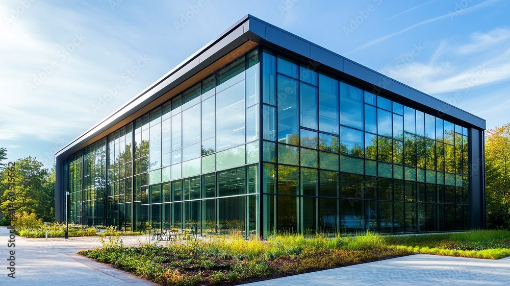 Obraz premium Contemporary office building with transparent glass walls and green landscaping, embodying an environmentally friendly and modern aesthetic. 