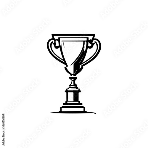 Simple monochrome drawing depicts winning trophy for recognition of achievements