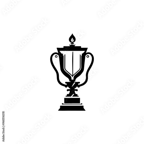 Monochrome depiction of an ornate trophy with flame atop, symbolizing achievement