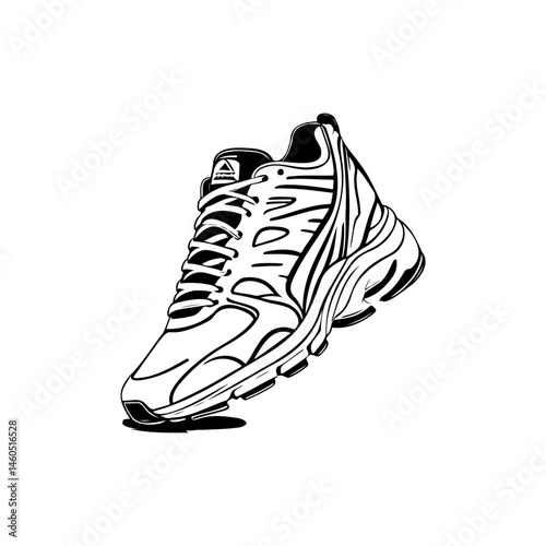 Stylized monochrome depiction of athletic footwear, emphasizing lines and form
