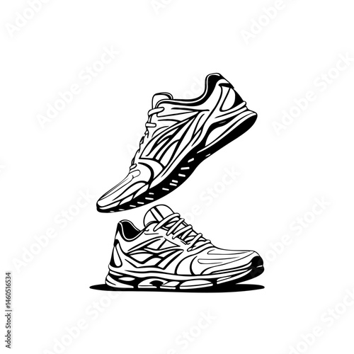 Stylized monochrome illustration showcasing a pair of dynamic running shoes