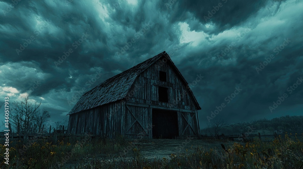 Fototapeta premium A weathered barn stands resolute amidst a stormy sky.