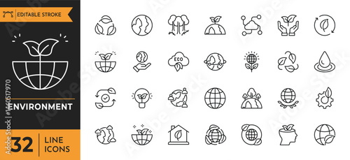 Environment line icon set. Containing recycling, plant, nature, eco, earth, green energy, trees, ecology and more. vector illustration