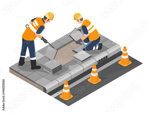 Two construction workers fixing broken sidewalk tiles with tools and safety gear during pavement maintenance in urban area isometric cartoon