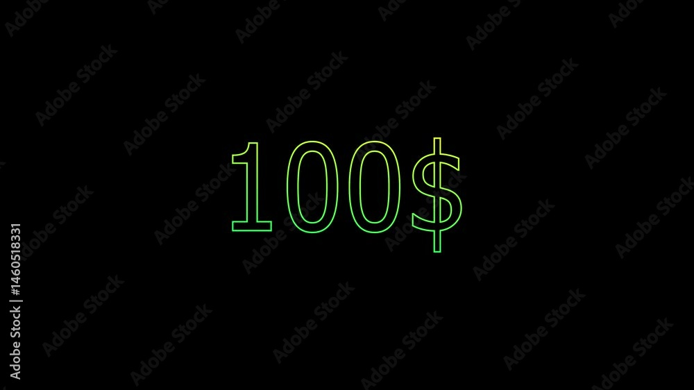 Abstract text counting up from 0 dollars to $100 Animated on black background. .Bright neon signs displaying 100 percent sale animation . Abstract text counting up from 0 dollars to $100 Animated on black background. .Bright neon signs displaying 100 percent sale animation .