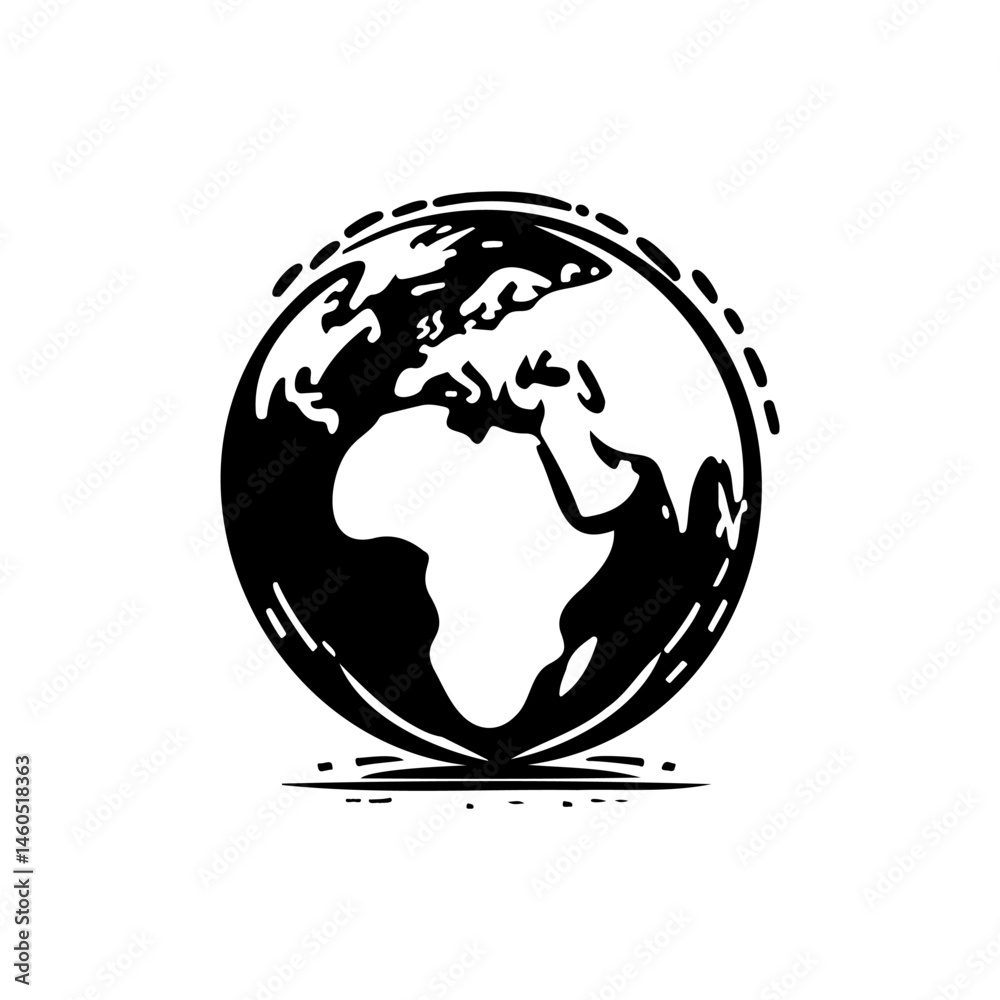 Stylized depiction of globe showcasing continents, rendered in monochrome vector art Stylized depiction of globe showcasing continents, rendered in monochrome vector art