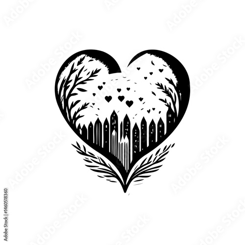 Abstract heart shaped silhouette with nature elements and urban integration
