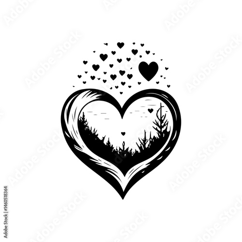 Heartfelt Forest Reverie: A monochromatic emblem of love nestled in nature's embrace