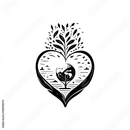 Stylized world illustration enveloped by loving heart and flourishing nature