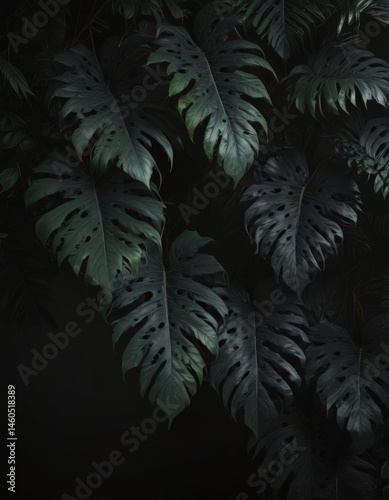 Dark, lush tropical leaves and vines intertwine, casting deep shadows on a black backdrop , texture, lush