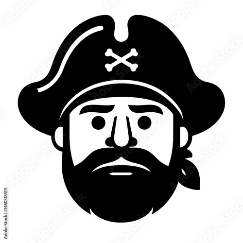 Black and White Pirate Head Illustration with Hat and Beard