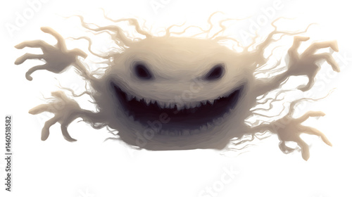 Digital painting of a ghostly creature with sharp teeth and many hands