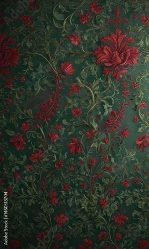 Deep green & ruby damask, swirling vines, ornate detail, seamless, background, texture