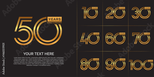Anniversary logo type set with double line number. golden color can be use special moment