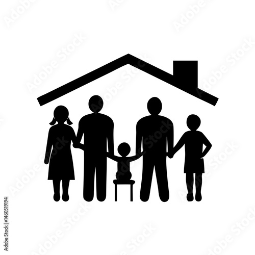 family at home black vector silhouette.Simple silhouette of a family under a house roof.A stylized black silhouette of a family (parents and two children) holding hands, positioned under a simple hous