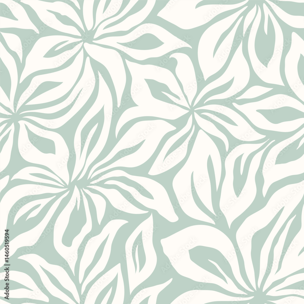 Obraz premium Artistic floral background. Decorative botanical seamless pattern with silhouette shapes of leaves and flowers. Artisanal allover print, vector wallpaper, for fabric, textile, paper, package
